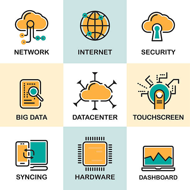 Line icons set with flat design elements Line icons set with flat design elements of cloud computing network, syncing computer, internet security, big data analysis, datacenter connection. symbol icon set business downloading stock illustrations