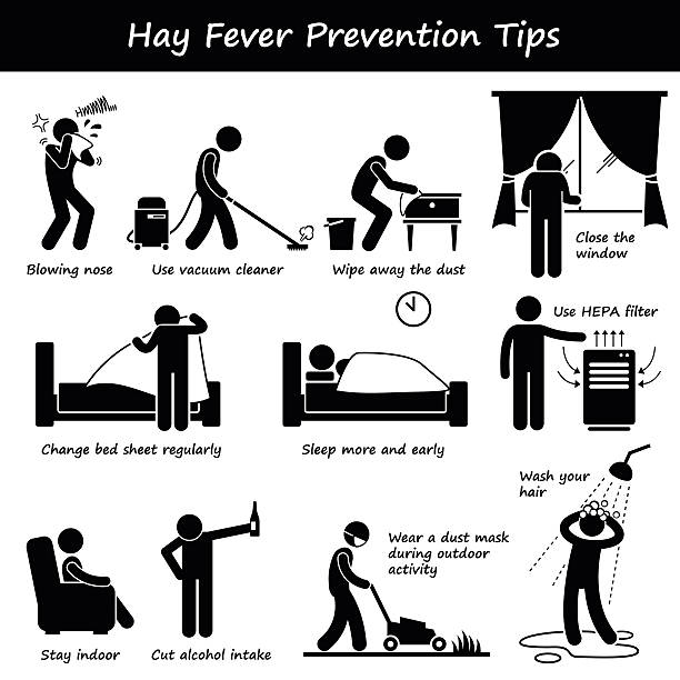 ilustrações de stock, clip art, desenhos animados e ícones de febre dos fenos prevenção alergia dicas stick figura pictograma ícones - hay fever