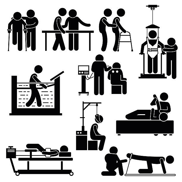 Physio Physiotherapy and Rehabilitation Treatment Stick Figure Pictogram Icons A set of human pictogram representing physiotherapy treatment for patient by the help of physiotherapy. These treatments include hydro, electro, traction, and massage. All essential equipment, machines, and tools are available too. physical therapy stock illustrations