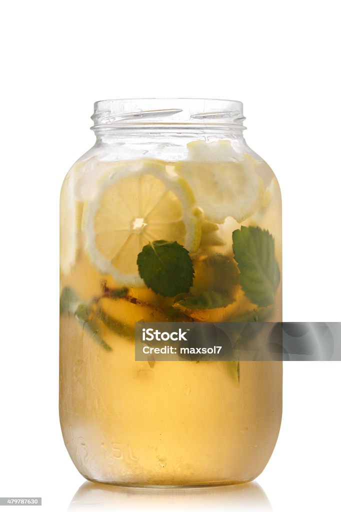 Iced tea in a jar Pitcher of sweet iced green tea with lemon and mint. 2015 Stock Photo