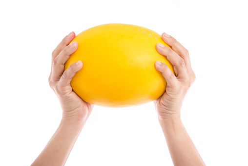 Female's hand holding honeydew melon on a white background isolated