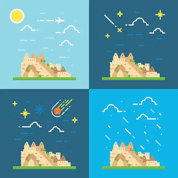 Vector illustration of Flat design 4 styles of Machu Picchu Peru