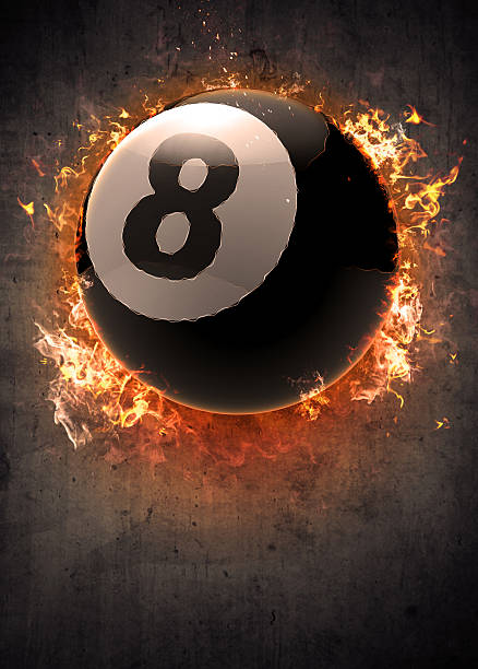 Eight ball on pool table with cue visible