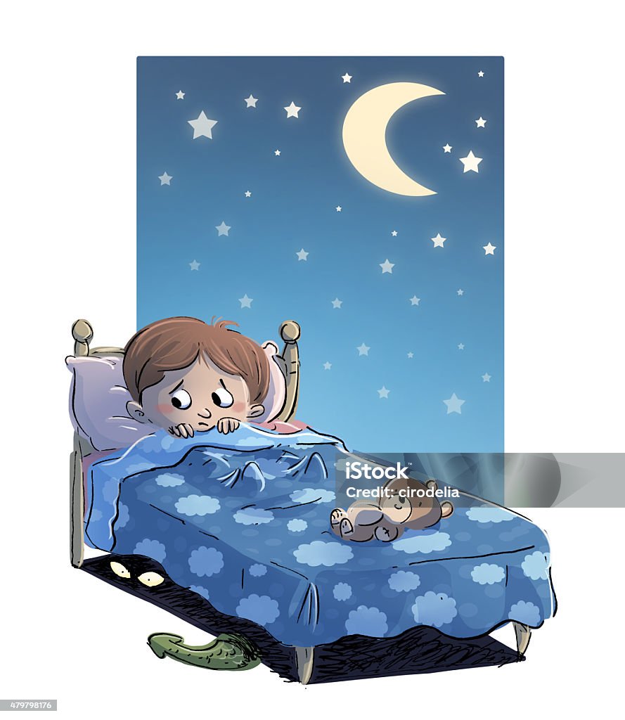 scary child in bed This image is of a child who thinks he has a monster under the bed, this illustration is completely made computer and I am the author of the work. Bed - Furniture stock illustration