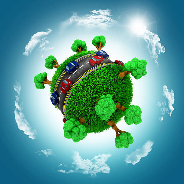 istock 3D grassy globe with cars against a cloudy sky 479798840