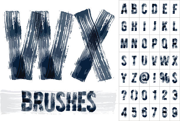 Vector set of extremely grunge underground style font. Hand-drawn brush alphabet. Scalable vector set of letters, numbers and symbols in condens style for digital artwork and typography brush stroke alphabet stock illustrations