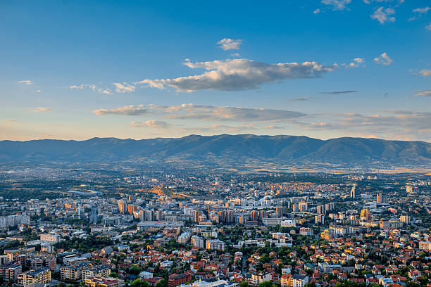 Top view on Skopje city in Macedonia Top view from Vodno mountain on Skopje city in Macedonia on sunset north macedonia stock pictures, royalty-free photos & images