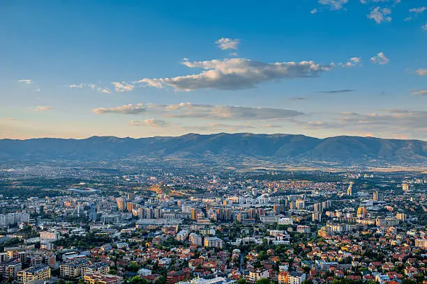 Top view from Vodno mountain on Skopje city in Macedonia on sunset