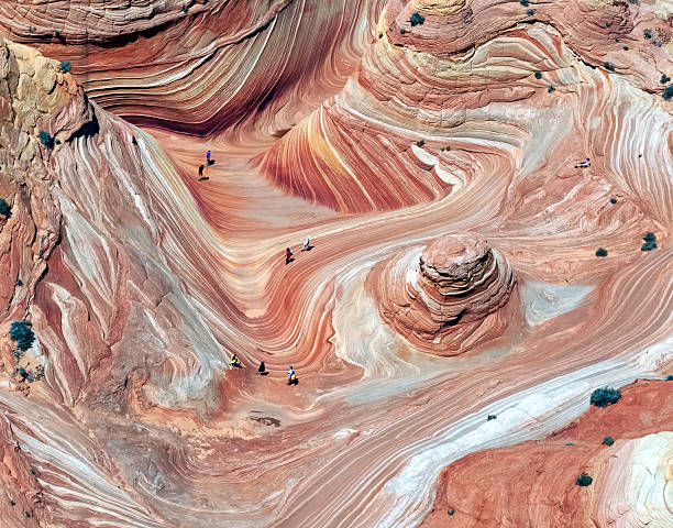 Aerial View of the Wave, Arizona Aerial view of the Wave, North Coyote Buttes, Vermillion Cliffs, Arizona. rock formations stock pictures, royalty-free photos & images