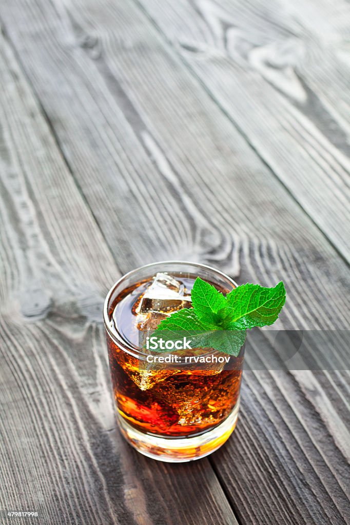 Glass of cola with ice and mint on wooden table. Glass of cola with ice and  fresh mint on a beautiful wooden table. 2015 Stock Photo
