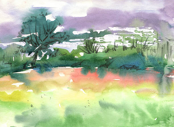 istock Landscape watercolor colorful sketch with trees and field 479818348