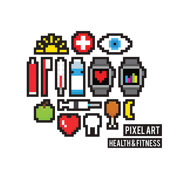 pixel gesundheit und fitness - pixel art grafiken stock-grafiken, -clipart, -cartoons und -symbole