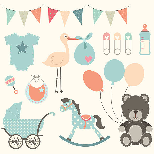 illustrazioni stock, clip art, cartoni animati e icone di tendenza di baby doccia elementi - baby clothing its a girl newborn baby goods