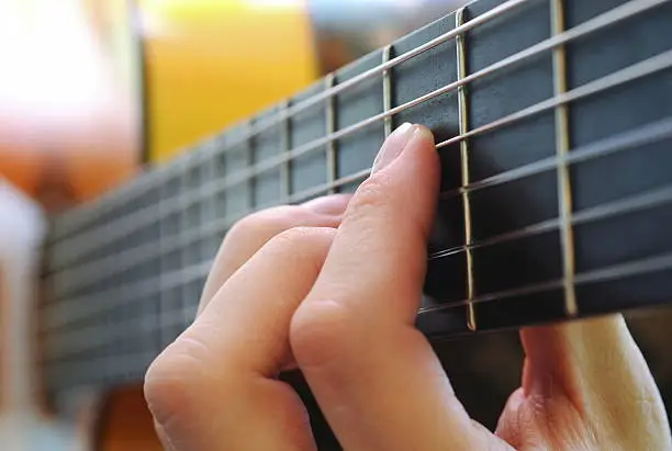 Photo of hand on the guitar fretboard