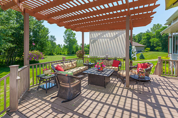 Inviting Backyard Patio Deck With Pergola Inviting Backyard Patio Deck With Pergola gazebo photos stock pictures, royalty-free photos & images