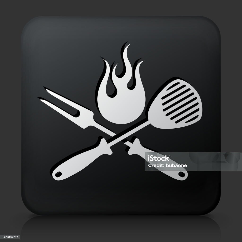 Black Square Button with Grilling Utensils Icon Black Square Button with Grilling Utensils Icon. This royalty free vector image features a white interface icon on square black button. The vector button has a bevel effect and a light shadow. The image background is dark grey and the button has a light reflection. 2015 stock vector