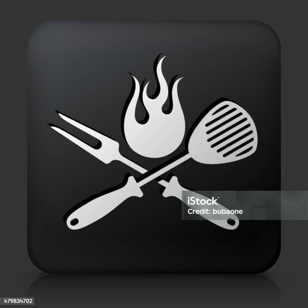 Black Square Button With Grilling Utensils Icon Stock Illustration - Download Image Now - 2015, Barbecue Grill, Black Background