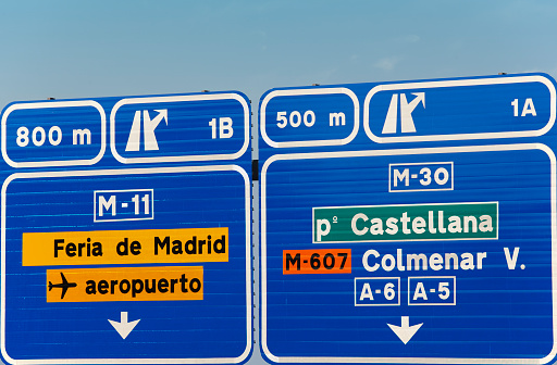 European spanish information road highway signpost in blue tone. Horizontal