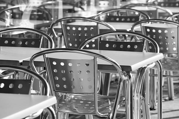 istock Restaurant metallic chairs group outdoors in black and white 479834830