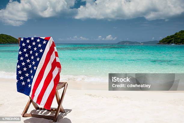American Flag Towel Over Beach Chair In Us Virgin Islands Stock Photo - Download Image Now