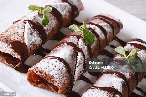 Chocolate Crepes With Sauce And Mint Close Up Horizontal Stock Photo - Download Image Now