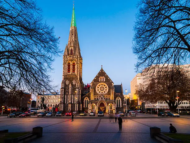 Nighttime view of Cathedral Square in Christchurch, New Zealand