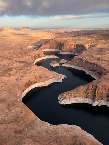 Aerial view of Navajo Canyon on Lake Powell, Page, Arizona.