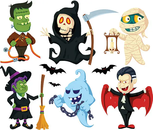 Vector illustration of Halloween Flat Cartoon Characters Set