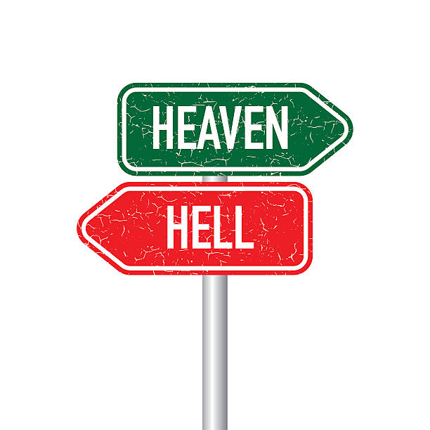 ilustrações de stock, clip art, desenhos animados e ícones de céu e o inferno poste - heaven hell road sign sign