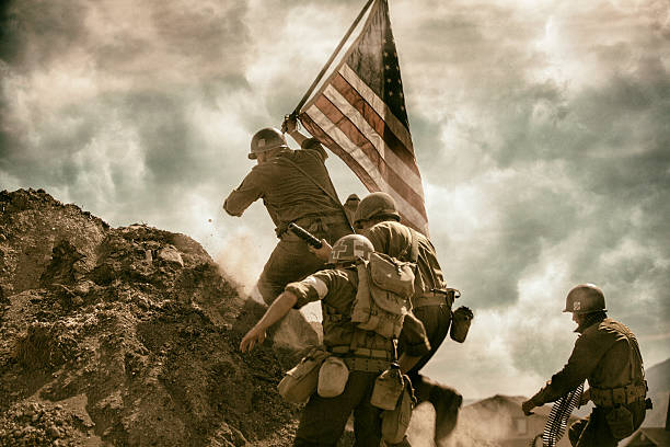 istock Military running up a hill waving American Flag 479850170
