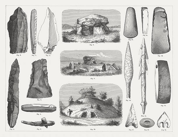 Stone age findings and tombs, wood engraving, published in 1878 Weapons and equipment from the older (1-7) and younger (11-19) Stone Age, as well as graves and places of worship: 1-5) Firestones; 6) Stone ax (Danish find); 7) Stone ax with shaft; 8) Dolmen; 9) Stone circle; 10) Tumulus with chamber tomb, 11) Stone ax; 12-13) Gouge; 14) Stone ax with shaft hole, 15) Bone harpoon; 16) Spearhead; 17-18) Arrowhead, 19) Carve stone. Wood engraving, published in 1878. burial mound photos stock illustrations