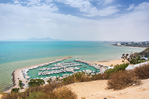 Sidi Bou Said - yacht harbour. There is breathtaking view from the top on the Gulf of Tunis