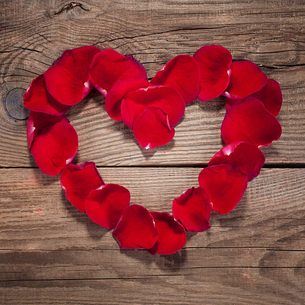 istock Heart of rose petals on the old wooden boards 479858708