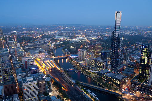Skyline of Melbourne, Australia photographed from above at night