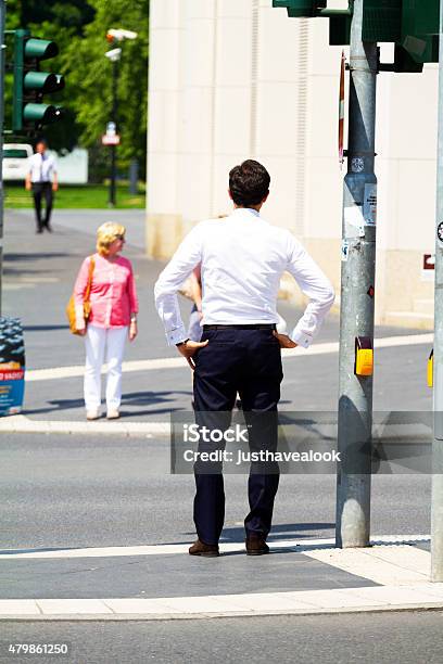 Waiting Caucasian Businessman At Traffic Light And Crosswalk Stock Photo - Download Image Now