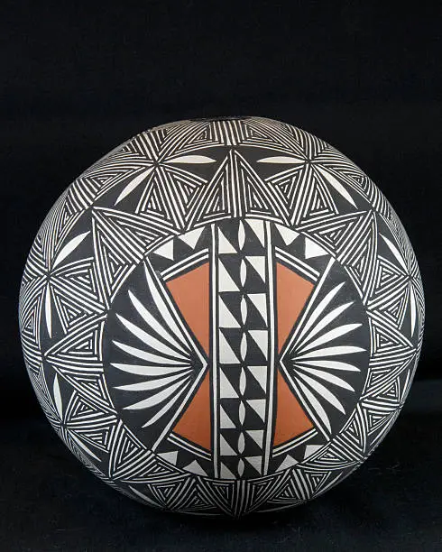 Sperical Acoma seed pot painted in geometric patterns.