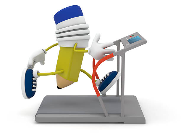 Yellow pencil running on treadmill - 3D render