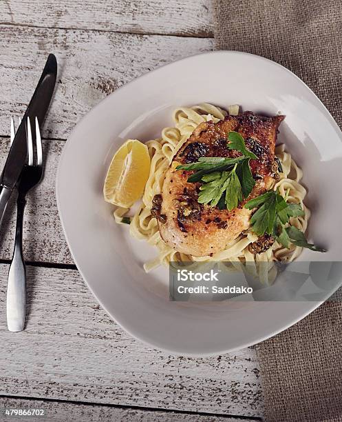 Chicken Fillet With Pasta Stock Photo - Download Image Now - 2015, Cooked, Dinner
