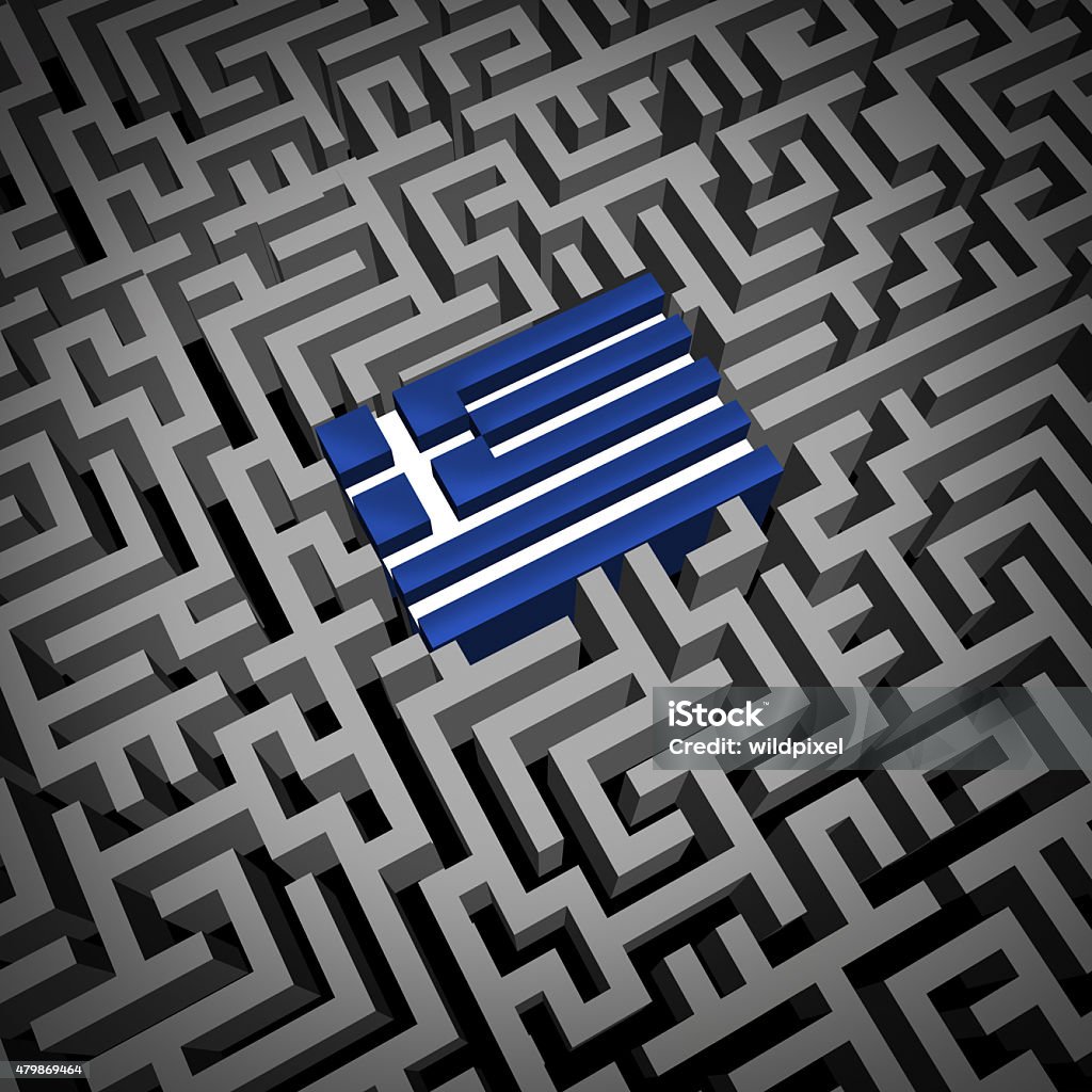 Greece Crisis Greece crisis or Greek debt crisis and austerity management concept as the blue and white flag inside a complicated maze or labyrinth as an Athens financial metaphor for European economic social issues. 2015 Stock Photo