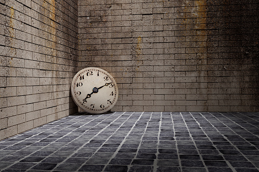 3d rendering of an old clock on a dirty and old wall