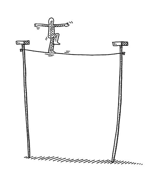 Stick Man Balancing On Tightrope Drawing Stock Illustration