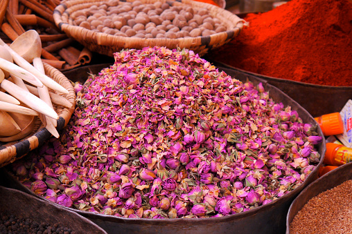 This photo of rose petals was taken at a spice market in Morocco.
