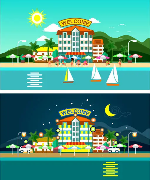 Vector illustration of Beach and hotels panorama