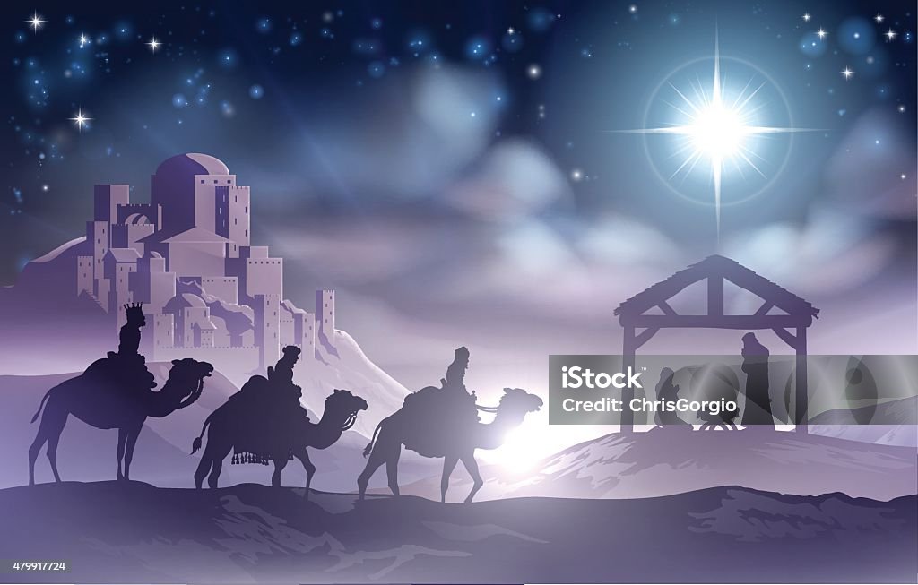 Nativity Scene Traditional Christian Christmas Nativity Scene of baby Jesus in the manger with Mary and Joseph in silhouette with wise men Nativity Scene stock vector