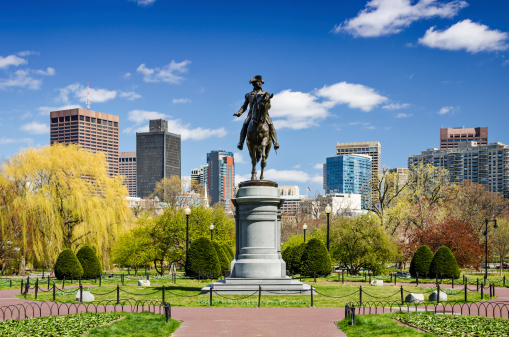 Public Garden in Boston, Massachusetts. The equestrian George Washington statue was created in 1867.