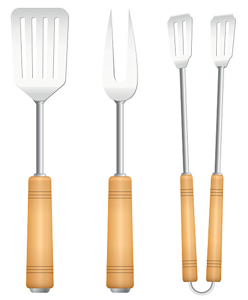 Bbq Tools Utensils Barbecue Cutlery Bbq tools with wooden handle - charming vintage barbecue utensil. Isolated vector illustration on white background. Spatula stock illustrations