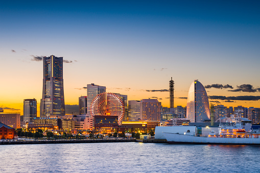 Yokohama, Japan sunset skyline.