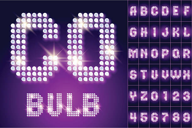 Vintage bulb lamp realistic font of 80s disco with stars Scalable vector set of letters, numbers and symbols in condens style for digital artwork and typography disco dancing stock illustrations