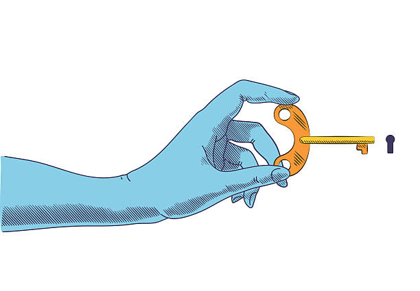 istock Hand holding key at keyhole. Concept illustration, retro drawing style 479932526