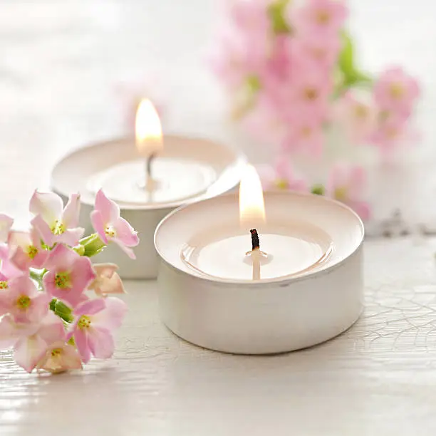 aromatherapy still life. tealight candles and pink flowers